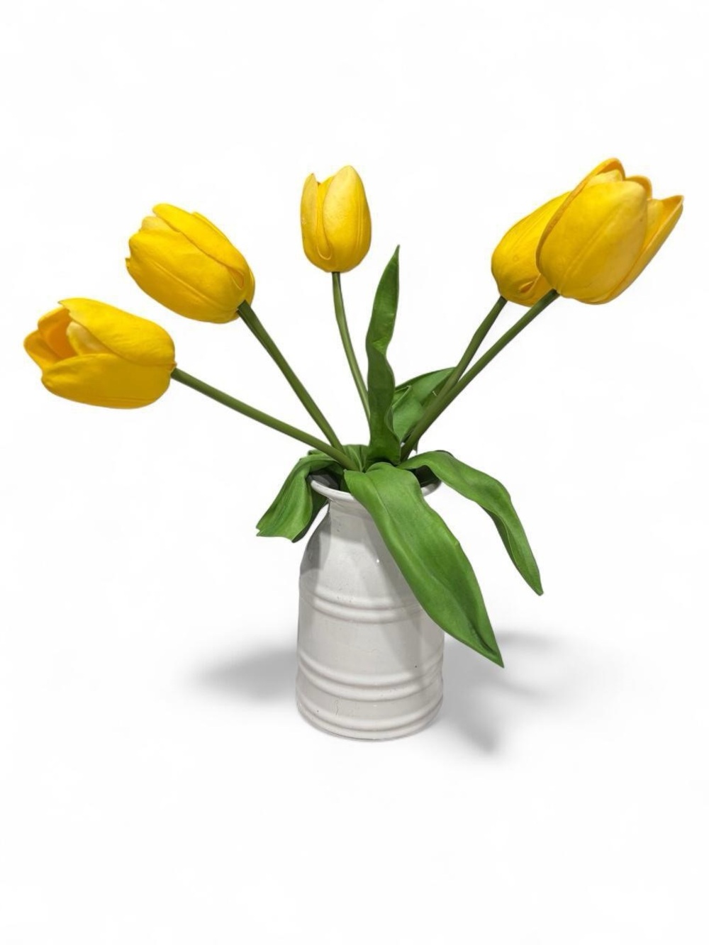 Yellow Tulip Stem Arrangement in White Ceramic Vase - Unbranded